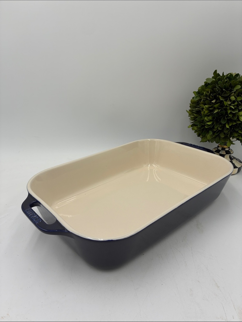 Staub Enamel Stoneware Rectangular Baking Dish - Navy and Cream